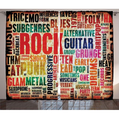  Ambesonne Music Decor Curtains, Retro Rock and Roll Symbol Lettering in Grunge Distressed Colors Back Then Sound Music Theme, Living Room Bedroom Decor, 2 Panel Set, 108 W X 90 L I