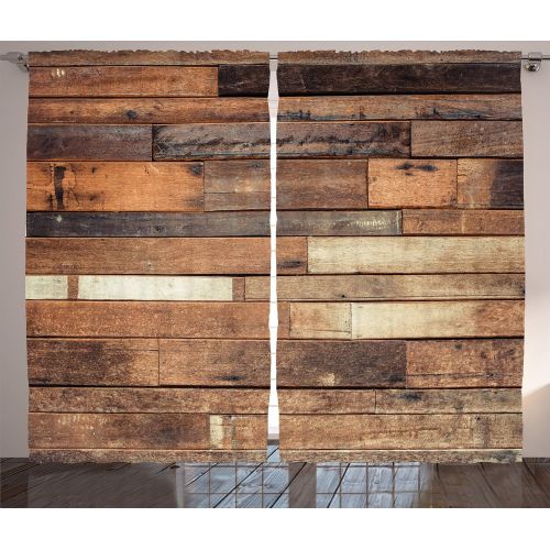  Ambesonne Wooden Curtains 2 Panel Set, Rustic Floor Planks Print Grungy Look Farm House Country Style Walnut Oak Grain Image, Living Room Bedroom Decor, 108 W X 84 L inches, Brown