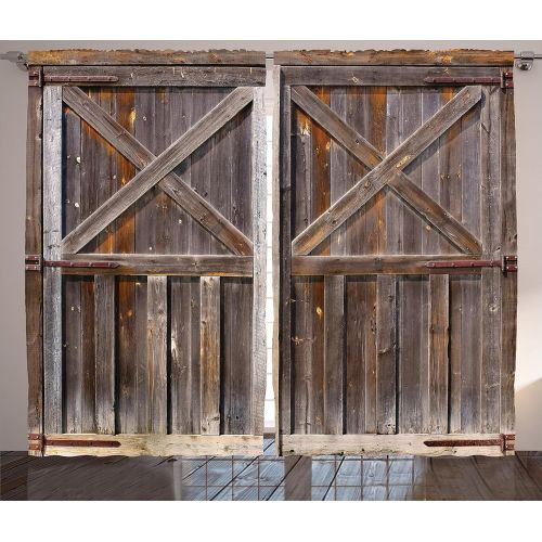  Ambesonne Rustic Curtains Decor, Old Wooden Barn Door of Farmhouse Oak Countryside Village Board Rural Life Photo Print, Living Room Bedroom Window Drapes 2 Panel Set, 108 W X 90 L