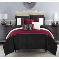 Chic Home Osnat 10 Piece Comforter Set Color Block Quilted Embroidered Design Bed in a Bag Bedding  Sheets Decorative Pillows Shams Included Queen Plum
