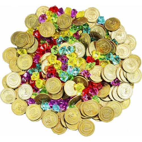  Joyin Toy 288 Pieces Pirate Gold Coins and Pirate Gems Jewelry Playset Pack Party Favor. (144 Coins+144 Gems)