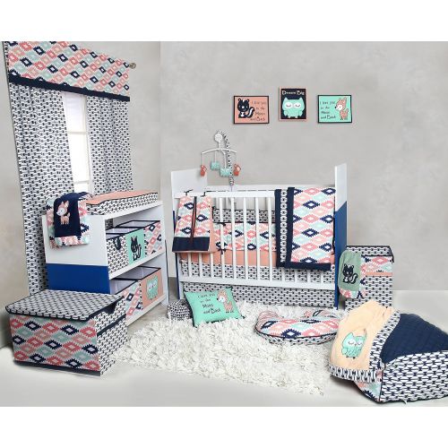  Bacati Emma Aztec 10 Piece Nursery-in-a-Bag Cotton Percale Girls Crib Bedding Set with Bumper Pad, CoralMintNavy