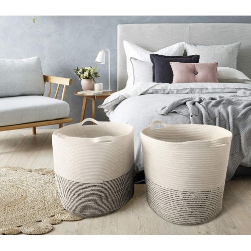  GooBloo Extra Large Woven Storage Baskets | 18 x 16 Decorative Blanket Basket, Use for Sofa Throws, Pillows, Towels, Toys or Nursery | Cotton Rope Organizer | Coiled Round White Laundry Ha