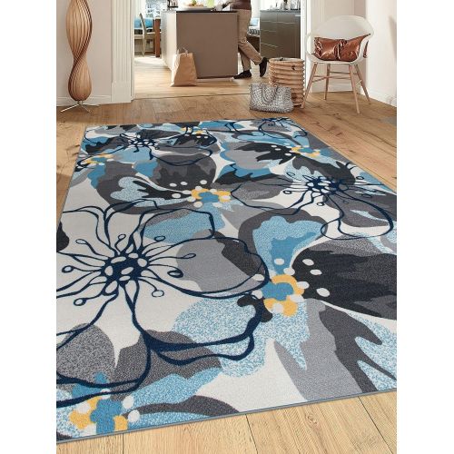  Rugshop Modern Large Floral Non-Slip (Non-Skid) Area Rug Runner 2 X 7 (22 X 84) Gray-Blue