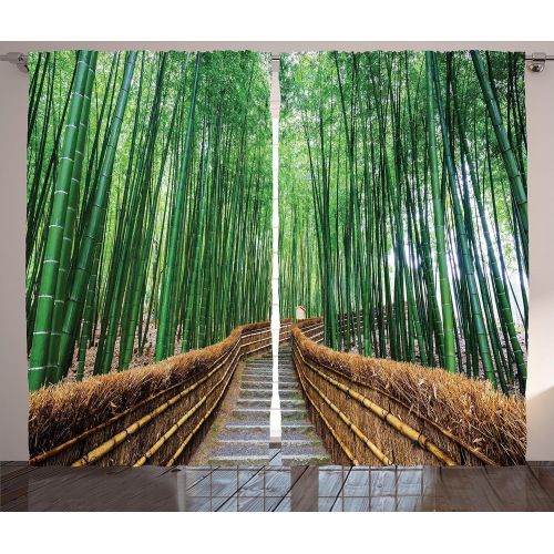  Ambesonne Jungle Curtains Decor, Tropical Nature Bridge Over Tree Bamboo Exotic Landscape Zen Spa Yoga Design, Living Room Bedroom Window Drapes 2 Panel Set, 108 W X 84 L Inches, G