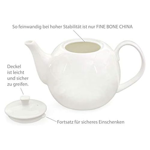  Buchensee Teeservice aus Fine Bone China Porzellan. Teekanne in fein-cremigem Weiss mit 1,5l Fuellvolumen, 6 Teetassen und 6 Unterteller.
