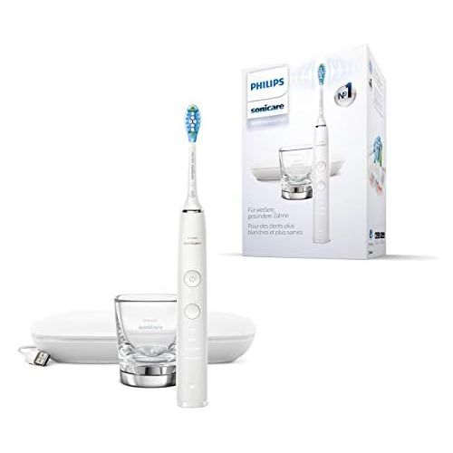 필립스 Philips Sonicare DiamondClean 9000 HX9911/27, Sonic Toothbrush with 4 Cleaning Programmes, Timer, USB Travel Charging Case and Charging Glass, White