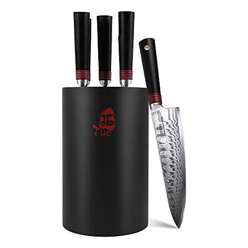  TUO Damascus Knife Set with Wooden Block Professional Kitchen Knife Set Japanese AUS 10 Damascus Steel & Full Tang G10 Handle Ring D Series 6 pcs Knife Set with Gift Box
