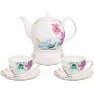 Buchensee Kaffeeservice aus Fine Bone China Porzellan. Tee- / Kaffeekanne 1,5l mit stilvollem Blumendekor, 2 Kaffeetassen, 2 Unterteller und Stoevchen.