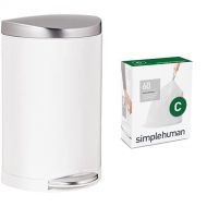 simplehuman 10 litre semi-round step can white steel | stainless steel lid + code C 60 pack liners