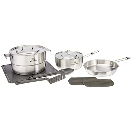 스텐리 Stanley Even Heat Camp Pro Cookset, 11 Piece Camping Cookware Set with Stainless Steel Pots and Pans, Utensils, Lids, and Cooking Accessories, Outdoor Travel Kit for Backpacking, H