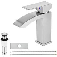 EZANDA Brass Waterfall Bathroom Vanity Faucet with Extra Large Rectangular Spout, Deck Plate, Pop-up Sink Drain Assembly & Water Supply Hoses Included, Brushed Nickel, 14169