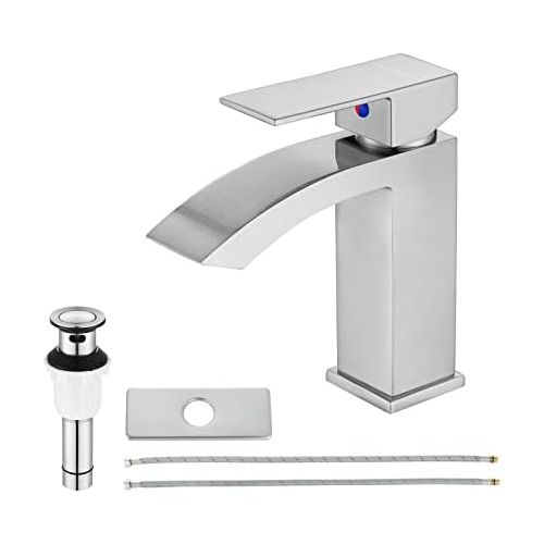  EZANDA Brass Waterfall Bathroom Vanity Faucet with Extra Large Rectangular Spout, Deck Plate, Pop-up Sink Drain Assembly & Water Supply Hoses Included, Brushed Nickel, 14169