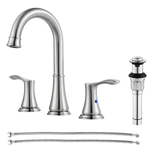  PARLOS Widespread Double Handles Bathroom Faucet with Metal Pop Up Drain and cUPC Faucet Supply Lines, Brushed Nickel, Demeter 13651