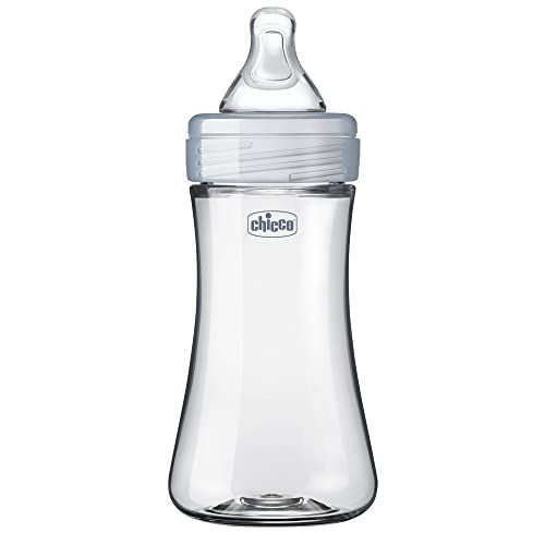 치코 Chicco Duo 9oz. Hybrid Baby Bottle with Invinci-Glass Inside/Plastic Outside with 0m+ Slow Flow Anti-Colic Nipple - Clear/Grey