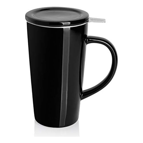  [아마존베스트]Sweese 202.112 Porcelain Tea Mug with Infuser and Lid, Ceramic Coffee Cocoa Cup Set for One, Taller and Large, 18 OZ, Black