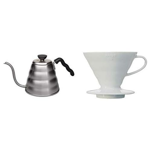  Hario Wasserkocher, Edelstahl, Silber, 1 & VDC-02W V60 Kaffeefilterhalter, Porzellan, Groesse 2, 1-4 Tassen, weiss