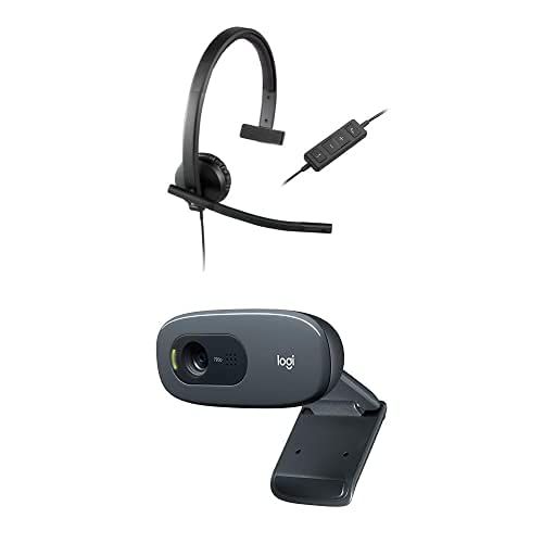 로지텍 Logitech USB H570e Corded Single-Ear Headset & C270 Desktop or Laptop Webcam, HD 720p Widescreen for Video Calling and Recording