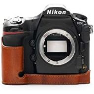 Nikon D850 Camera Case, BolinUS Handmade Genuine Real Leather Half Camera Case Bag Cover for Nikon D850 Camera Bottom Opening Version + Hand Strap (LavaBrown)
