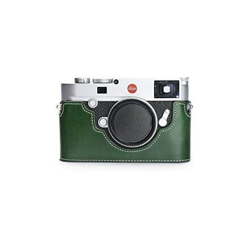  M10 Camera Case, BolinUS Handmade Genuine Real Leather Half Camera Case Bag Cover for Leica M10 Camera Bottom Opening Version + Hand Strap (Green)