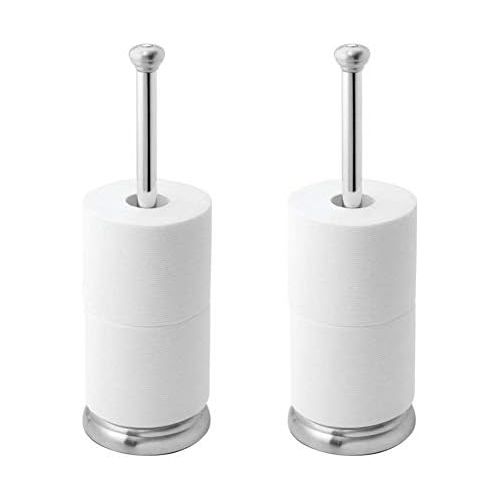  iDesign York Metal Free Standing Toilet Paper Tissue Holder, Roll Reserve Canister for Kids, Guest, Master, Office Bathroom, 5 x 5 x 16.3, Set of 2, Brushed Stainless Steel and Chr