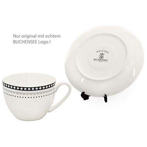  Buchensee Kaffeeservice aus Fine Bone China Porzellan. Tee- / Kaffeekanne 1,5l mit stilvollem Rautendekor, 6 Kaffeetassen, 6 Unterteller und Stoevchen.