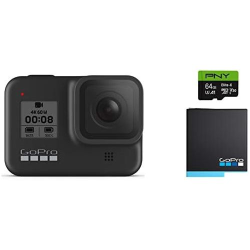 고프로 GoPro HERO8 Black Waterproof Action Camera with Touch Screen 4K Ultra HD Video 12MP Photos 1080p Live with Accessory Bundle - 1 Additional GoPro USA Batteries + PNY 64GB U3 microSD