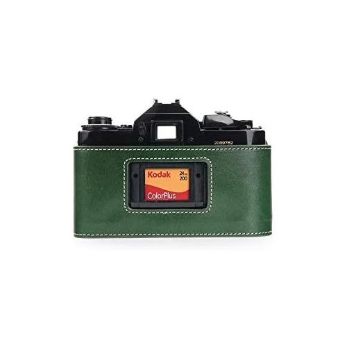  A-1 Case, BolinUS Handmade Genuine Real Leather Half Camera Case Bag Cover for Canon New AE-1 AE-1P A-1 (with Handle) Camera with Hand Strap (Green)