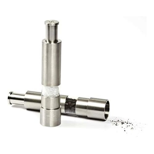  Grind Gourmet Salt and Pepper Grinder Set, Original Pump & Grind Peppermill are Refillable, Modern Thumb Press Grinder, Comes with Black Pepper, Sea Salt and Stand, Works With Hima