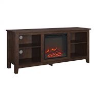 BOWERY HILL 58 Minimal Farmhouse Electric Fireplace TV Stand Console Rustic Wood Entertainment Center with Storage, for TVs up to 64, in Brown