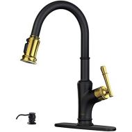 APPASO Pull Down Kitchen Faucet with Magnetic Docking Sprayer - Solid Brass Single Handle High Arc One Hole Pull Out Kitchen Sink Faucets, Black and Gold, 135BBNG