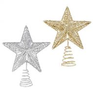 NUOBESTY 2pcs Christmas Tree Star Topper Golden Silver Glittered Treetop Xmas Tree Decoration for Seasonal Holiday Fireplace Home Window Decor