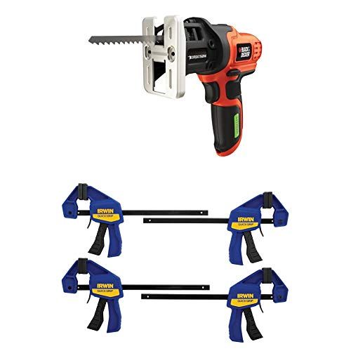  BLACK+DECKER Jig Saw, Cordless, Compact with IRWIN QUICK-GRIP Clamps, One-Handed, Mini Bar, 6-Inch, 4-Pack (LPS7000 & 1964758)