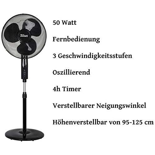  [아마존베스트]Zilan Floor Fan with Remote Control, 41 cm Diameter, 50 Watts, Oscillating, Silent Operation, 180° Rotation, Tower Fan, Air Cooler, Frontier Black