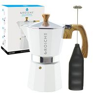 GROSCHE Milano Stove top espresso maker (6 espresso cup size 9.3 oz) White Moka pot, and battery operated milk frother bundle for lattes