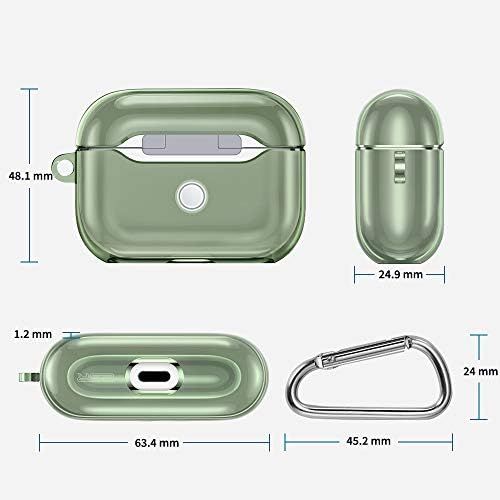  [아마존베스트]ESR Case Compatible with AirPods Pro Case 2019, Portable Clear TPU Protective Case with Carabiner [Dust and Shockproof] [Visible Front LED] [Supports Wireless Charging], Clear Gree