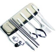 HerPro Portable Reusable Metal Travel Utensil Set- 9 Pcs Stainless Steel Cutlery Kit ?Dinner Knife, Fork, Spoon, Bottle Opener, Straw, Chopsticks -Cleaning Brush, Mesh Bag, storage box- C