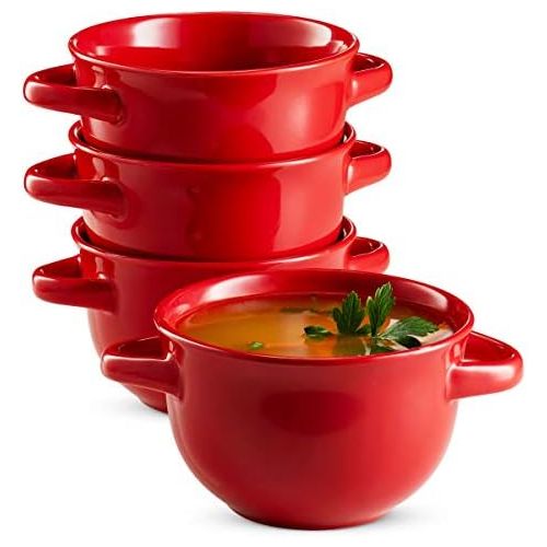  Soup Crocks with Handles, Ceramic Make, Soup, Chilli, by KooK, 22oz, Set of 4 (Red)