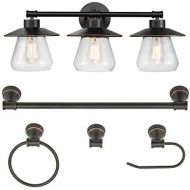 Globe Electric 51496 Nate 5-Piece All-in-One Bathroom Set, Oil Rubbed Bronze, 3 Vanity Light with Clear Glass Shades, Bar, Towel Ring, Robe Hook, Toilet Paper Holder