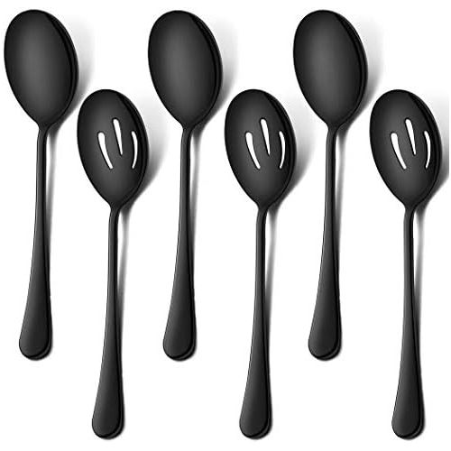  [아마존베스트]LIANYU 6-Piece Black Serving Spoons, Black Slotted Serving Spoons, Stainless Steel Serving Utensils for Party Buffet Restaurant Banquet Dinner Catering, 8 3/4 Inch, Dishwasher Safe