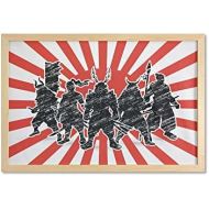 Ambesonne Japanese Wall Art with Frame, Group of Samurai Ninja Posing and Getting Ready on Unusual Striped Retro Backdrop, Printed Fabric Poster for Bathroom Living Room Dorms, 35