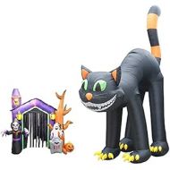 BZB Goods TWO HALLOWEEN PARTY DECORATIONS BUNDLE, Includes 20 Foot Animated Halloween Inflatable Black Cat, and 8.5 Foot Tall Inflatable Haunted House Castle with Skeleton Ghost Skulls Blowu