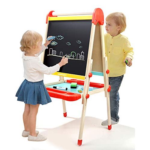  [아마존베스트]TOP BRIGHT Wooden Art Easel for Kids, Toddler Easel Adjustable with Paper Roll, Child Easel with Magnetic Chalkboard
