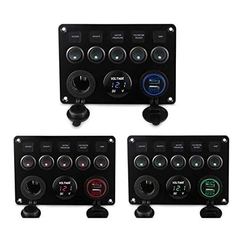  MASO Boat Multi-Functions Panel - 5 Gang ON-OFF Toggle Switch Panel,Dual USB Socket Charger 2.1A&2.1A + Cigarette Lighter + LED Voltmeter for Car Marine RV Truck Camper Vehicles GPS Mob