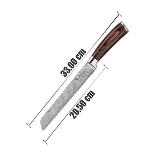  Wakoli Edib Damastmesser Officemesser - sehr hochwertiges sehr scharfes Profi Brot Messer mit Damast Klinge 20,5 cm, Kuechenmesser, Kochmesser