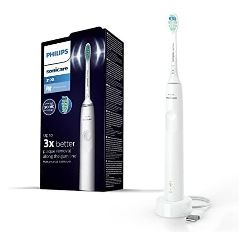필립스 Philips Sonicare 3100 Series Electric Toothbrush with Sound Technology with Pressure Sensor and Brush Head Indicator, HX3671/13, White