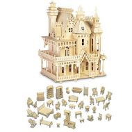 Puzzled Bundle of Furniture Set & Fantasy Villa Doll House Wooden 3D Puzzles Construction Kits, Educational DIY Playhouse Toys Assemble Unfinished Wood Craft Hobby Puzzles to Build