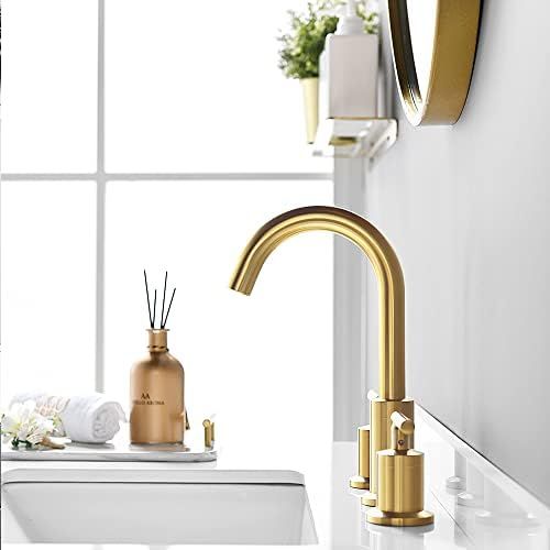  2 Handles 8 Inch Widespread BathroomFaucets, Brushed Gold Bathroom Sink Faucet with Valve and Metal Pop-Up Drain by Phiestina,WF003-1-BG