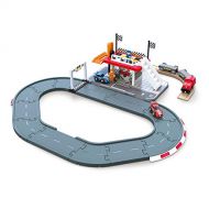 Hape Race Track Station | Wooden Realistic Kids Race Track Toy with Two Race Cars, Carriages & Repair Station, E3734