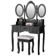 Mecor Vanity Set with Stool,Dressing Table with Tri-Folding Mirror Wood Vanity Makeup Table Set with 7 Drawers Storage,Black